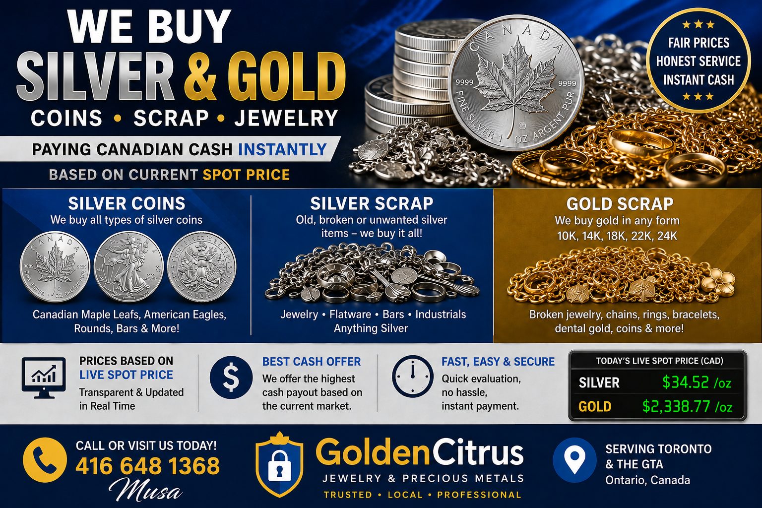 We buy silver and gold coins, scrap and jewelry for cash